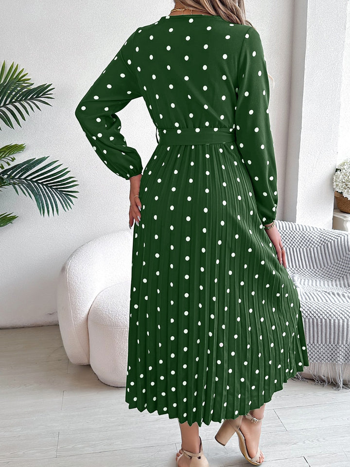 Tied Polka Dot Long Sleeve Midi Dress | Trendsi