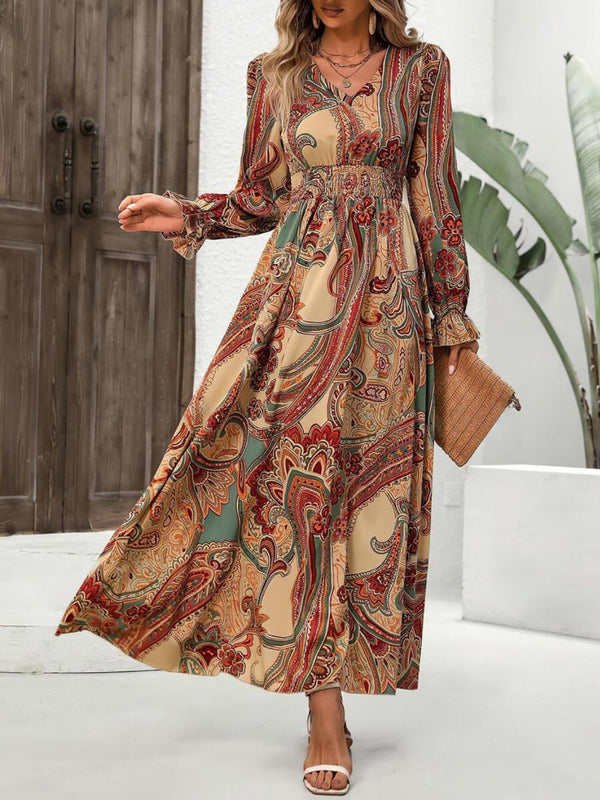 Smocked Printed V-Neck Flounce Sleeve Dress | Trendsi