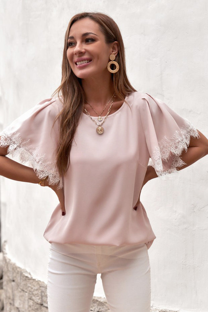 Lace Trim Flutter Sleeve Blouse | Trendsi