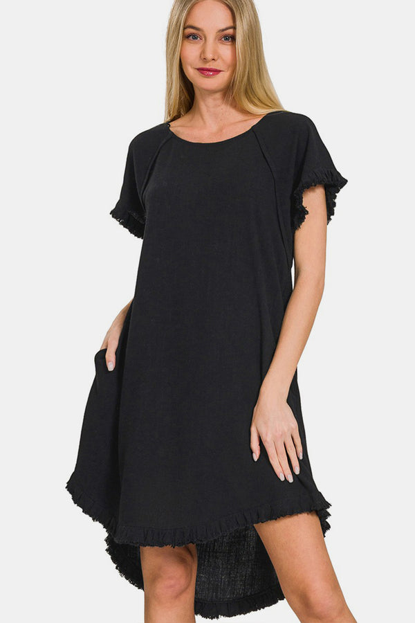 Zenana Fringe Edge High Low Flowy Dress with Pockets | Trendsi