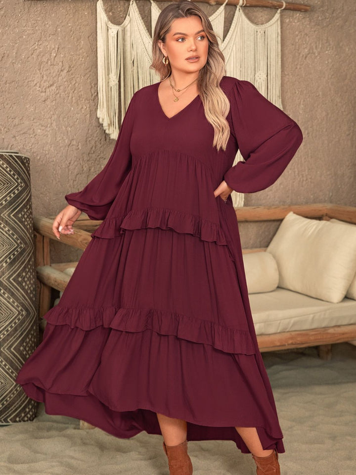 Plus Size Ruffled V-Neck Long Sleeve Dress | Trendsi