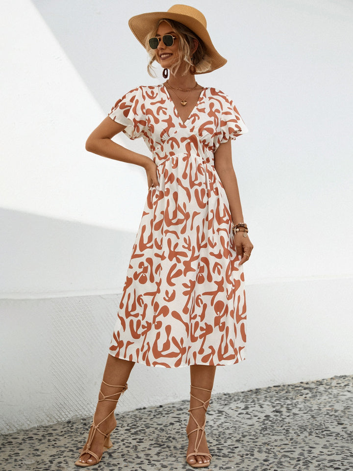 Printed V-Neck Short Sleeve Dress | Trendsi