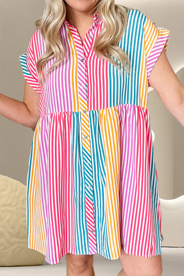 Striped Collared Neck Cap Sleeve Mini Dress | Trendsi