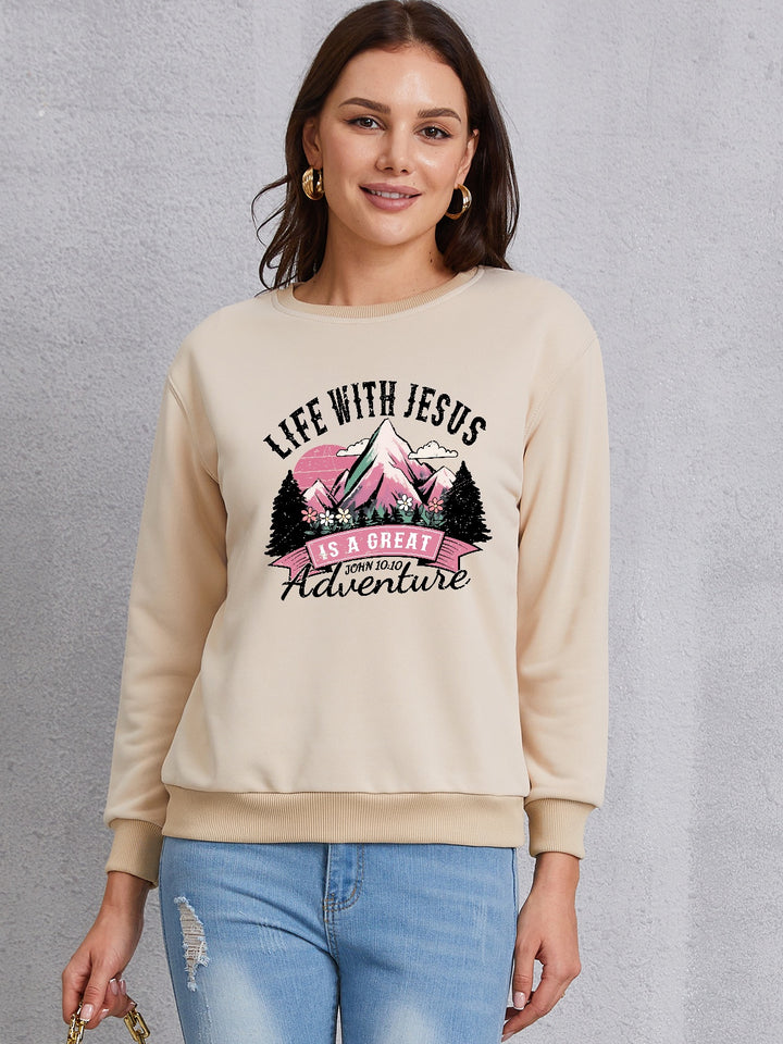 LIFE WITH JESUS IS A GREAT ADVENTURE Round Neck Sweatshirt | Trendsi