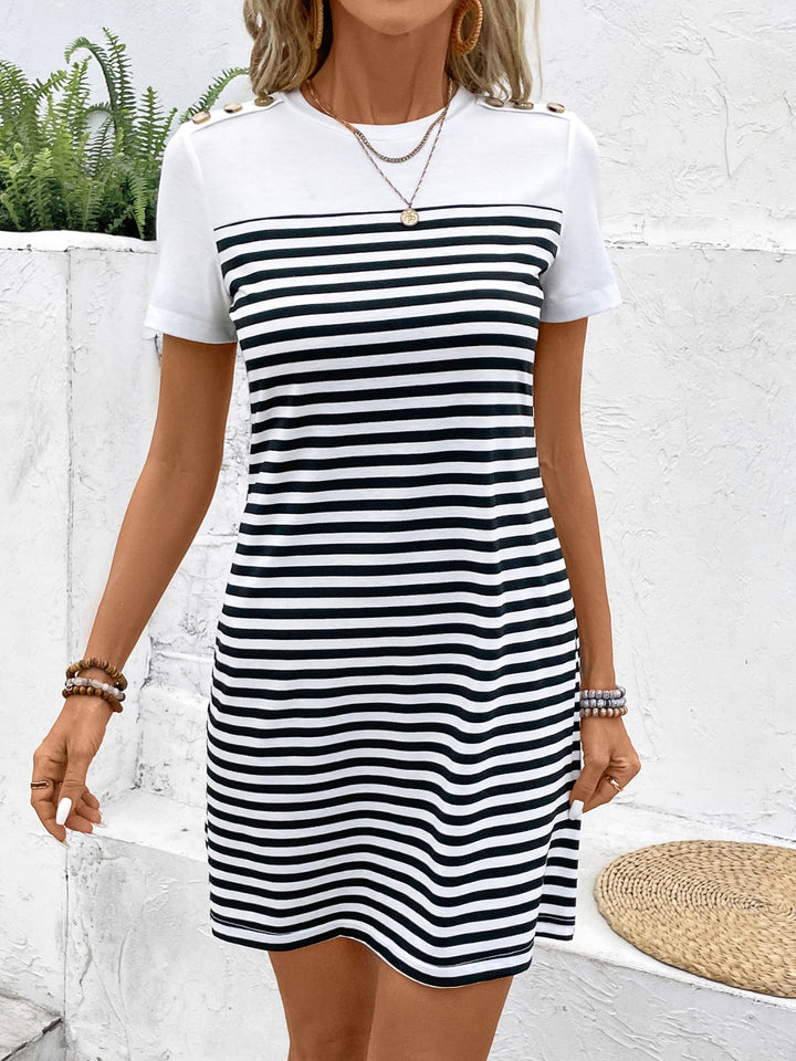 Striped Round Neck Short Sleeve Mini Tee Dress | Trendsi