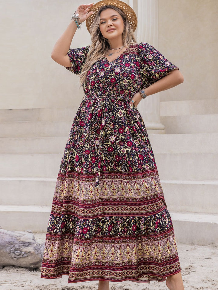 Plus Size Printed V-Neck Short Sleeve Maxi Dress | Trendsi