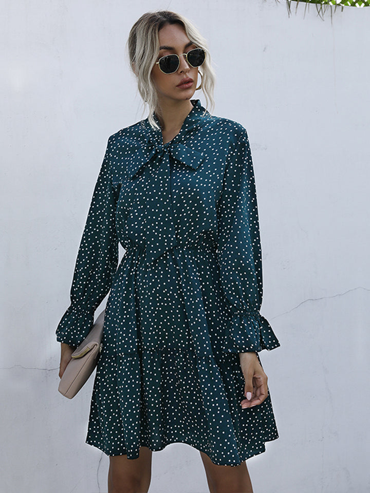 Perfee Polka Dot Tie Neck Long Sleeve Dress | Trendsi