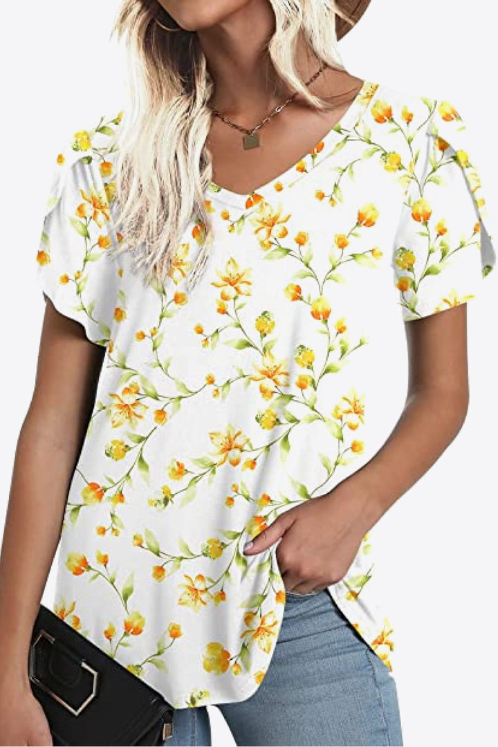 Printed Petal Sleeve V-Neck Blouse | Trendsi