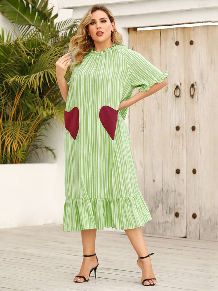 Plus Size Frill Heart Striped Half Sleeve Dress | Trendsi