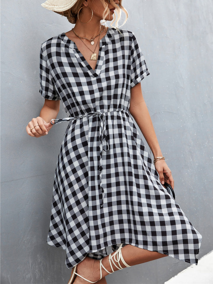 Plaid Notched Short Sleeve Dress | Trendsi