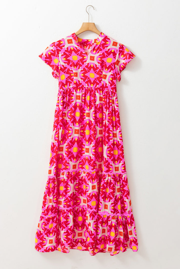 Printed Notched Cap Sleeve Dress | Trendsi