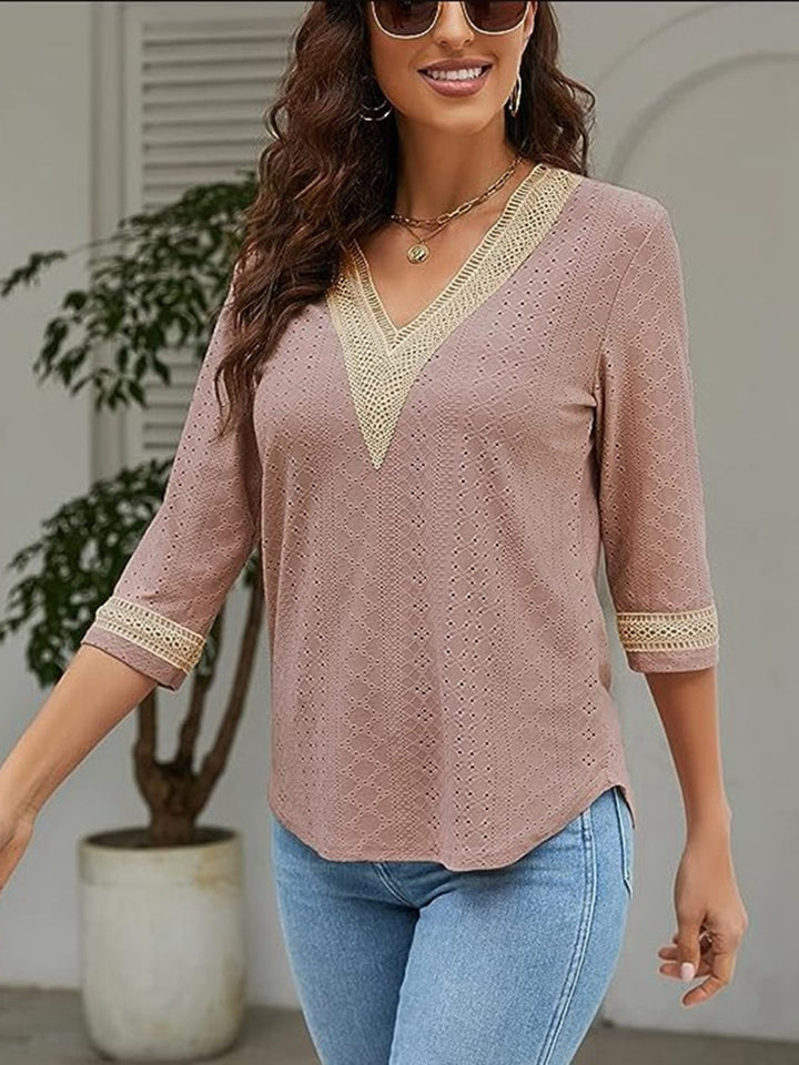 V-Neck Eyelet Blouse | Trendsi