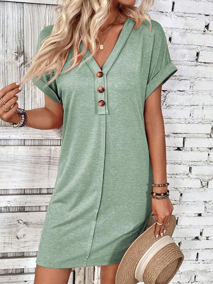 Quarter Button V-Neck Short Sleeve Dress | Trendsi