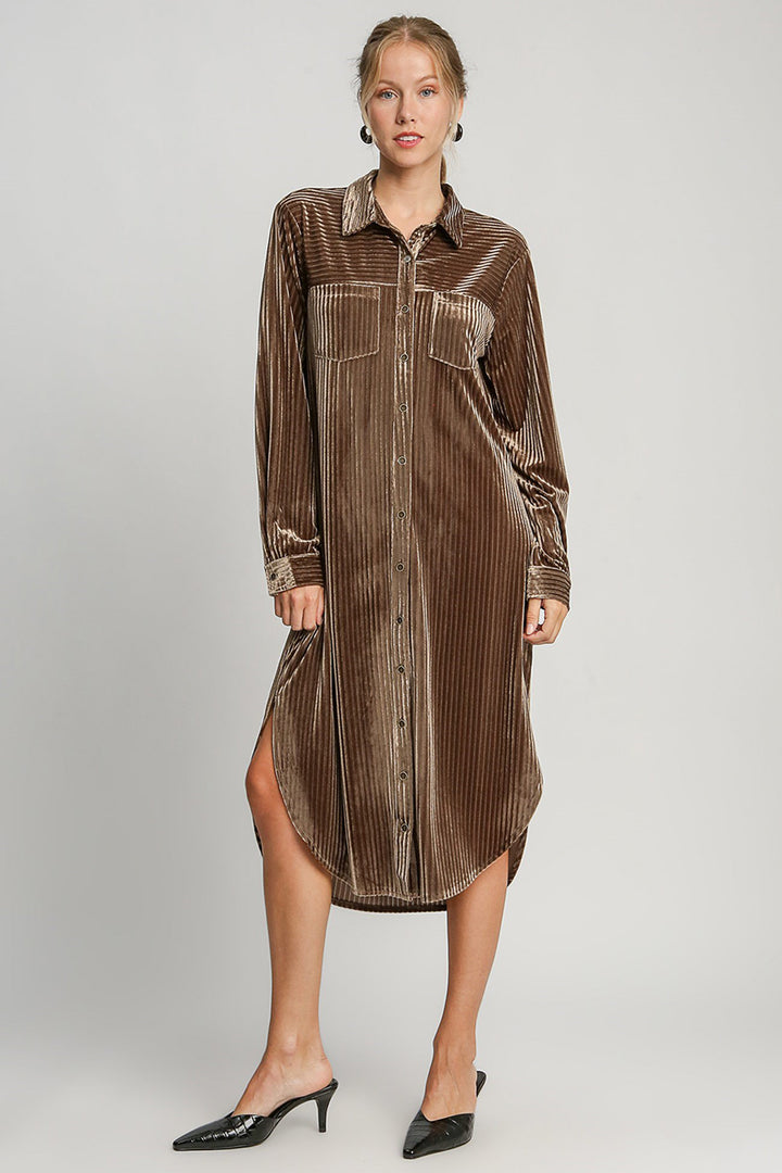 Umgee Texture Curved Hem Button Down Shirt Dress | Trendsi