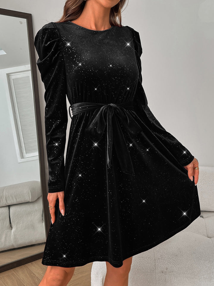 Glitter Round Neck Puff Sleeve Dress | Trendsi