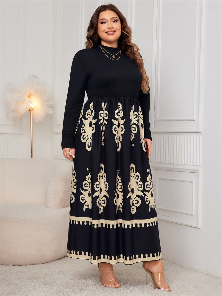 Plus Size Printed Mock Neck Long Sleeve Dress | Trendsi