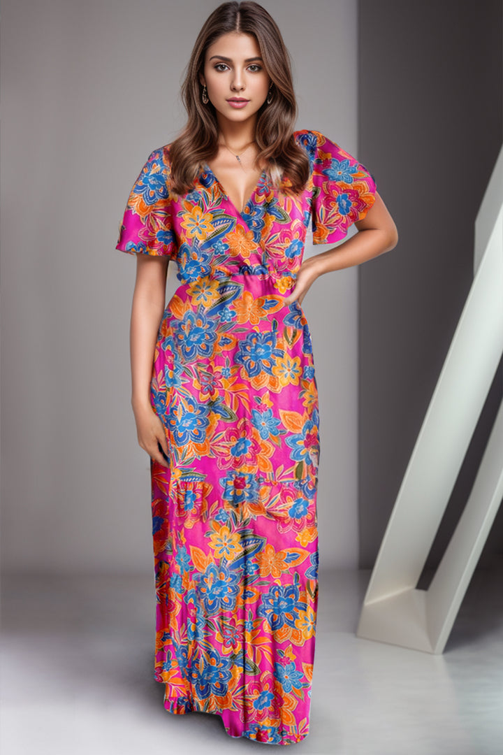 Printed Surplice Short Sleeve Maxi Dress | Trendsi