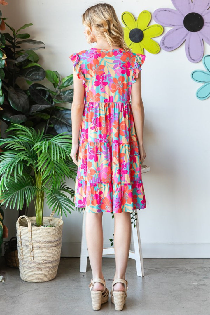 Heimish Full Size Floral Cap Sleeve Tiered Dress | Trendsi