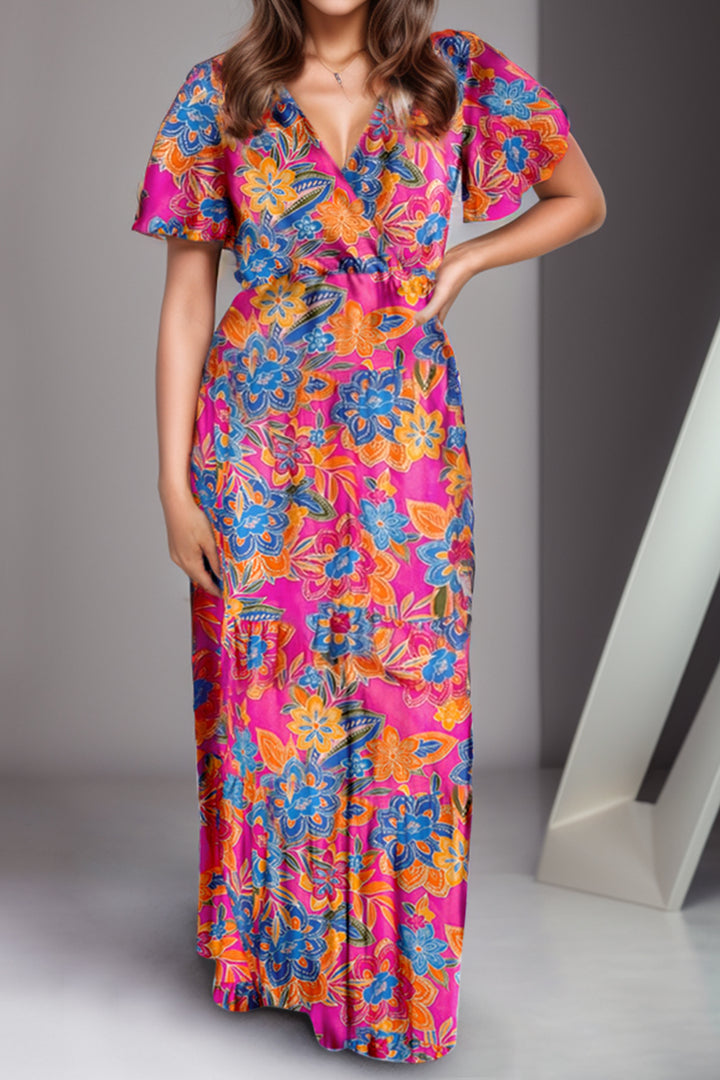 Printed Surplice Short Sleeve Maxi Dress | Trendsi