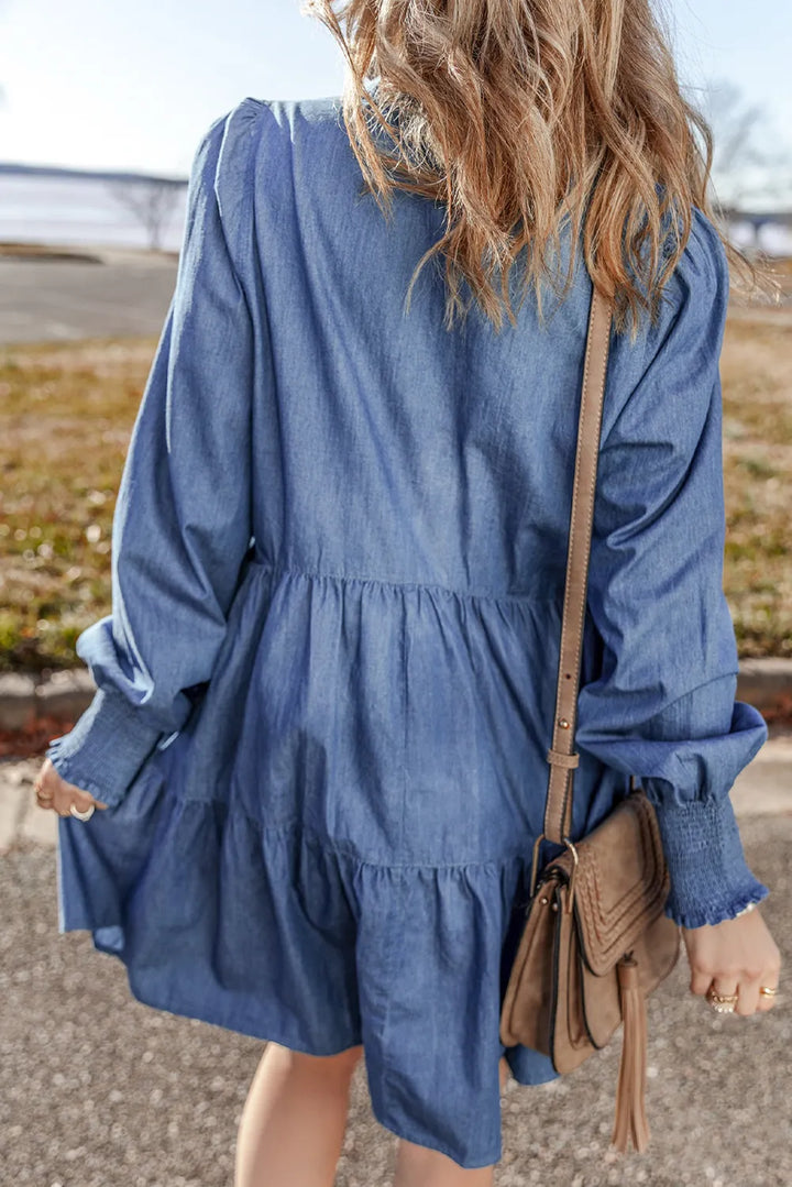 Tiered Johnny Collar Long Sleeve Denim Dress | Trendsi