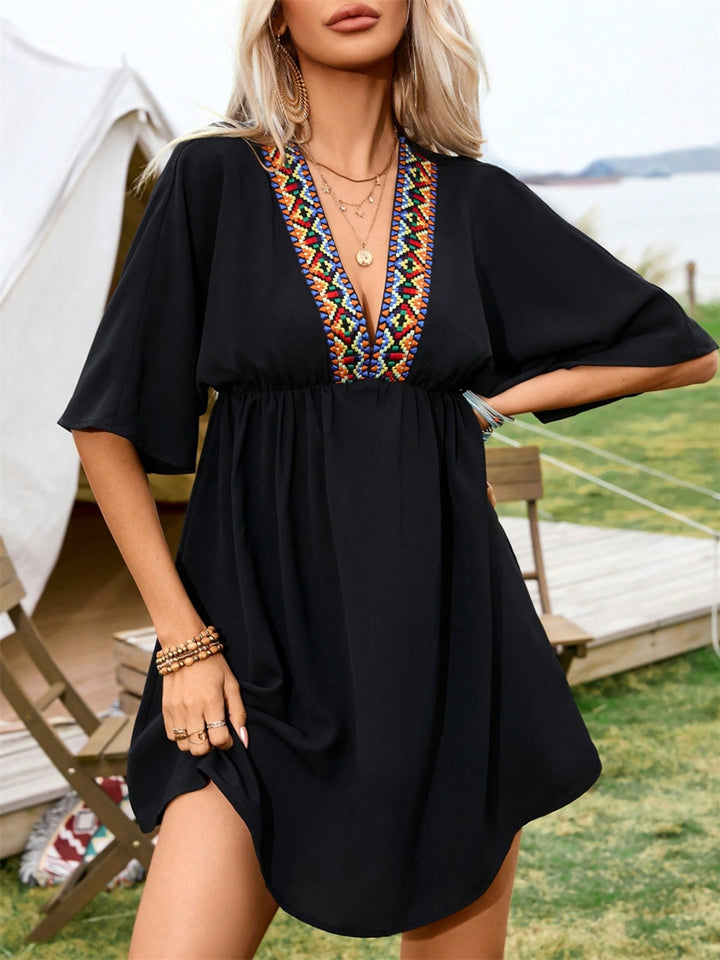 Embroidered Plunge Half Sleeve Mini Dress | Trendsi