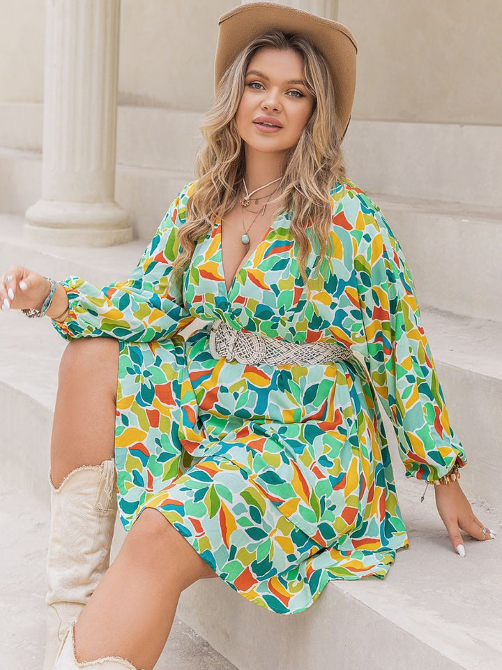 Plus Size Printed Surplice Long Sleeve Mini Dress | Trendsi