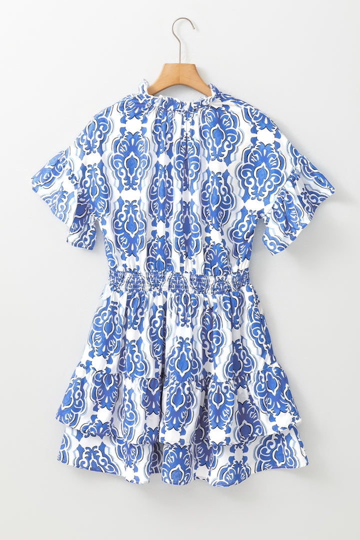 Printed Tie Neck Short Sleeve Mini Dress | Trendsi