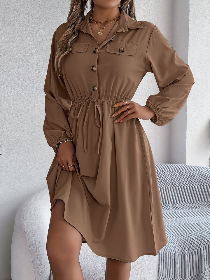 Collared Neck Long Sleeve Dress with Pockets | Trendsi