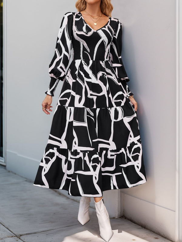 Perfee Smocked Printed Long Sleeve Midi Dress | Trendsi