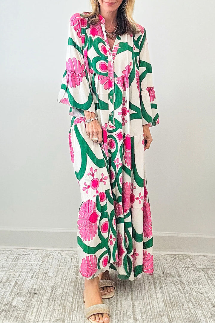 Printed Notched Long Sleeve Maxi Dress | Trendsi