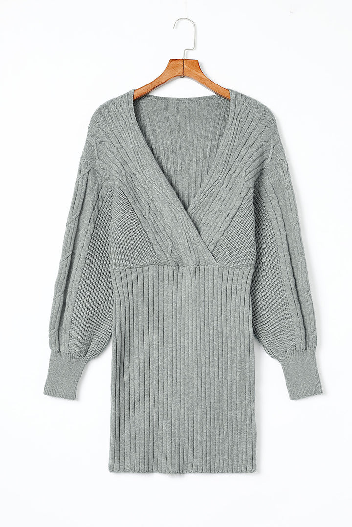 Cable-Knit Surplice Lantern Sleeve Sweater Dress | Trendsi