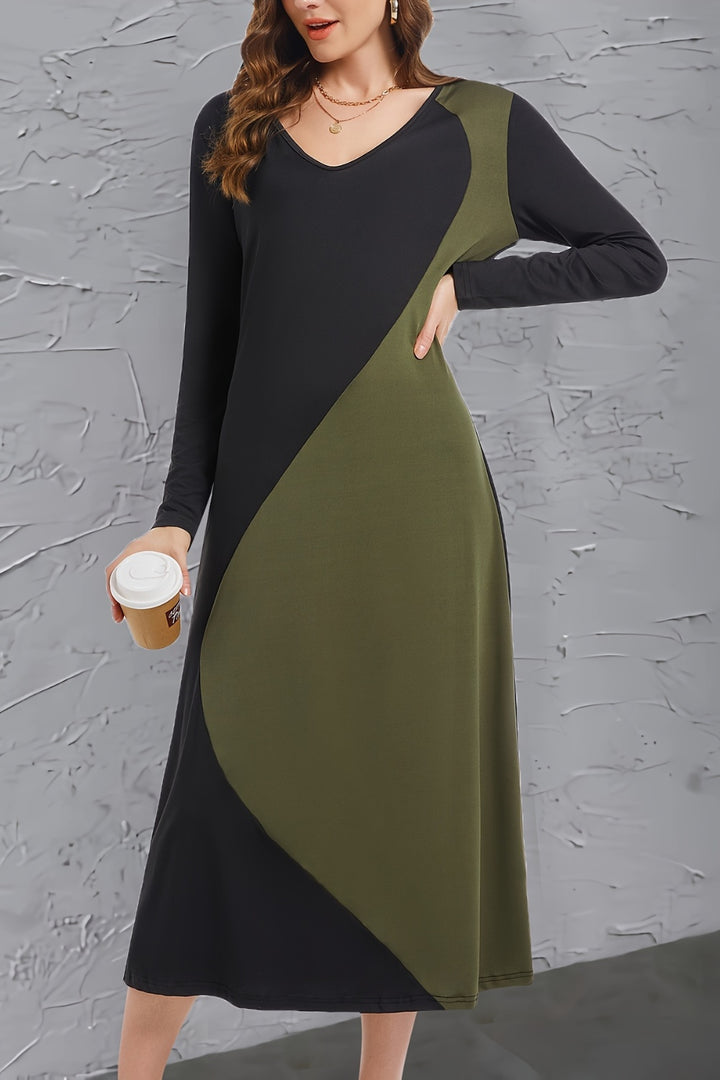 Contrast Long Sleeve Midi Dress | Trendsi