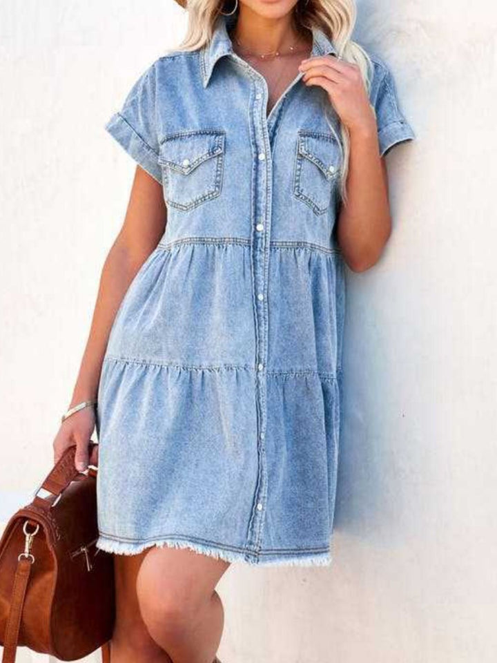 Raw Hem Short Sleeve Denim Dress | Trendsi