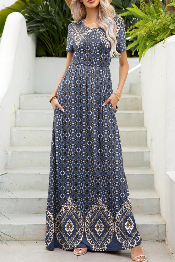 Printed Round Neck Short Sleeve Maxi Dress | Trendsi