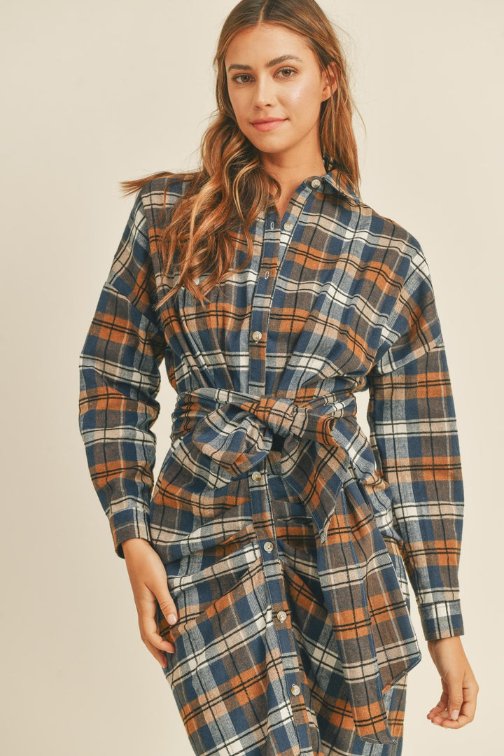 Mable Plaid Flannel Front Tie Button Down Shirt Dress | Trendsi