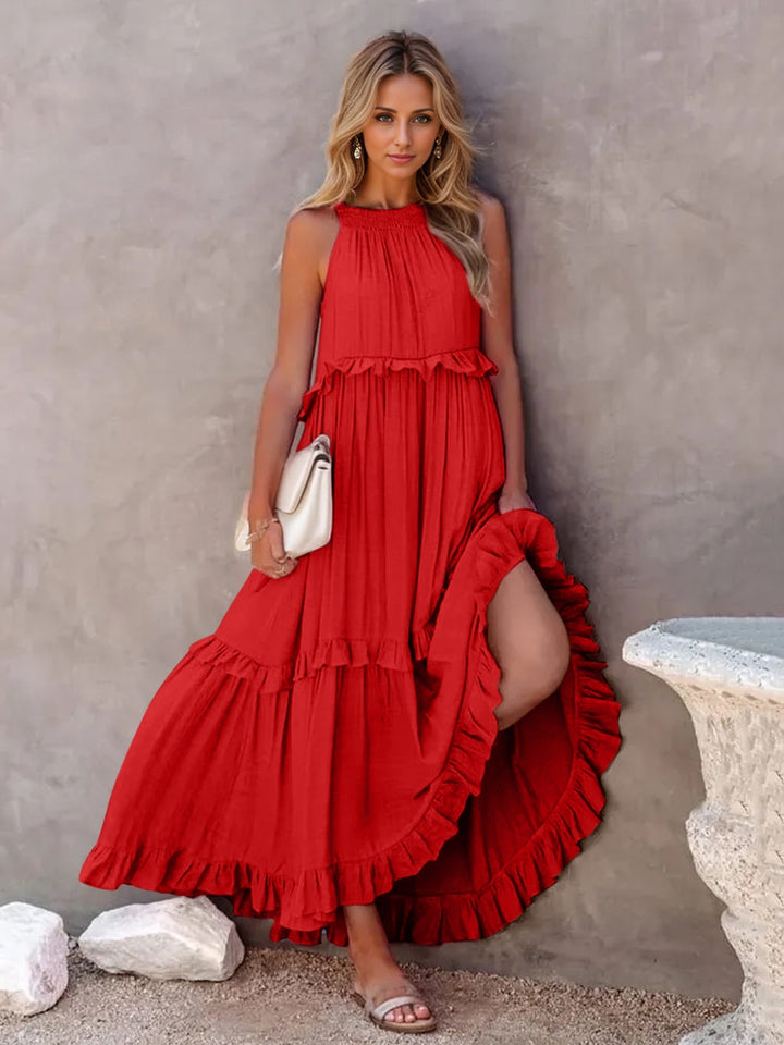 Ruffled Sleeveless Tiered Maxi Dress with Pockets | Trendsi