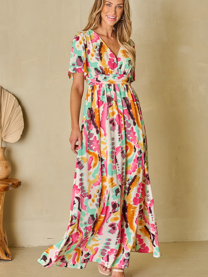 Slit Printed Surplice Short Sleeve Maxi Dress | Trendsi