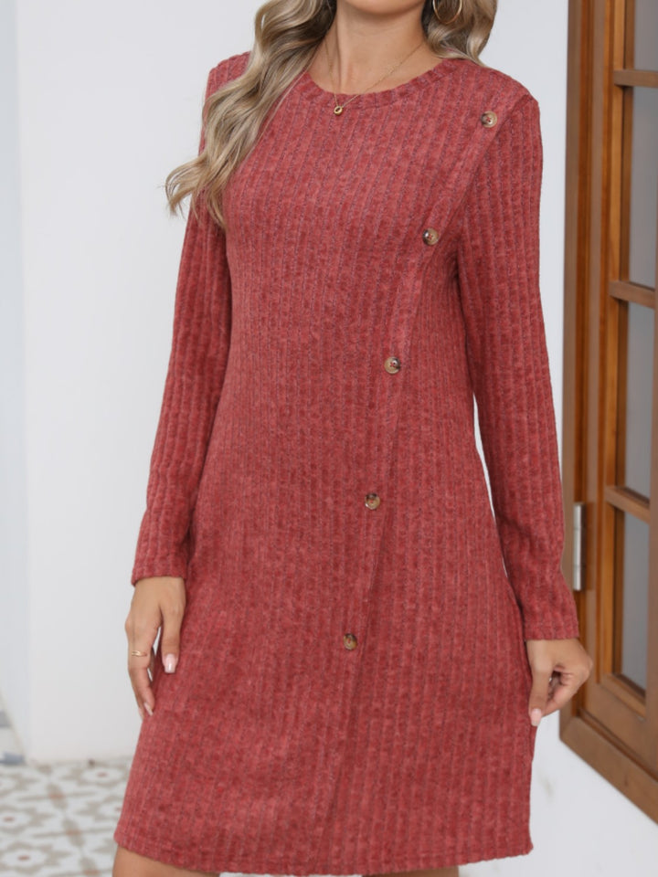 Decorative Button Round Neck Long Sleeve Dress | Trendsi