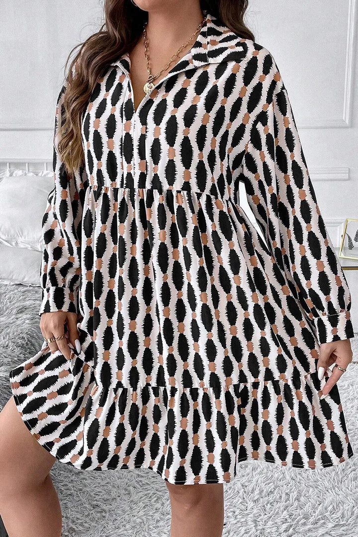 Plus Size Printed Johnny Collar Long Sleeve Dress | Trendsi