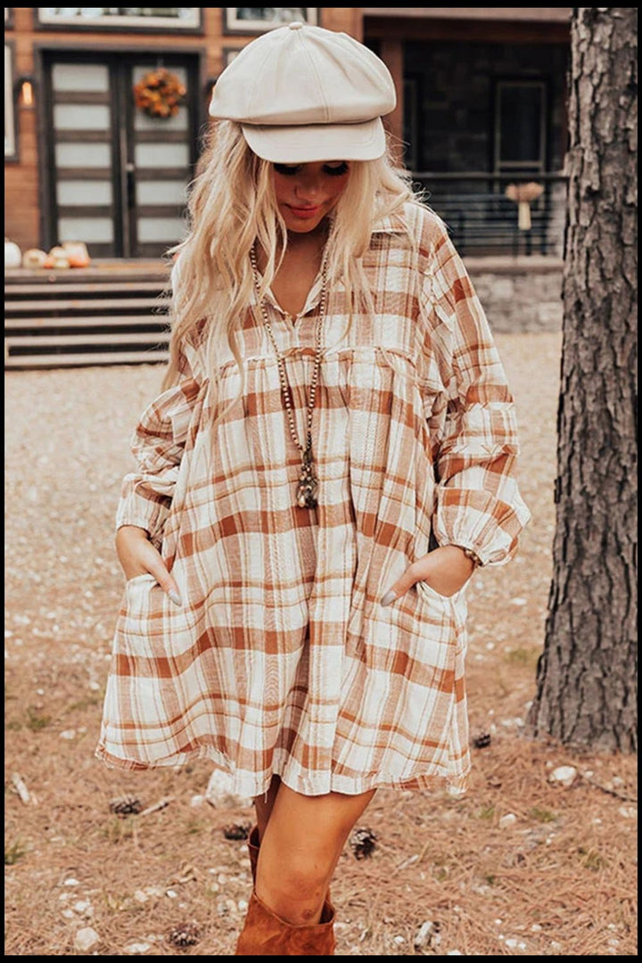 Plaid Collared Neck Long Sleeve Mini Shirt Dress | Trendsi