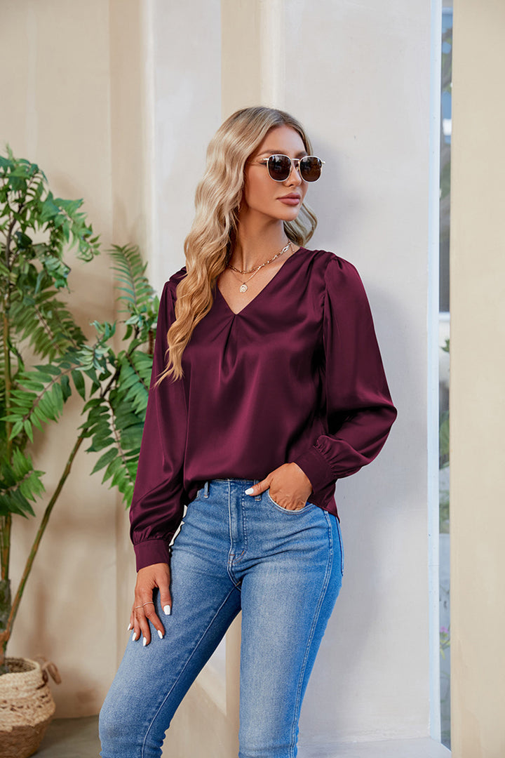 V-Neck Long Sleeve Top | Trendsi