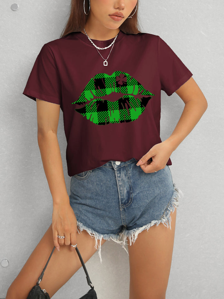 Plaid Lip Graphic Round Neck T-Shirt | Trendsi