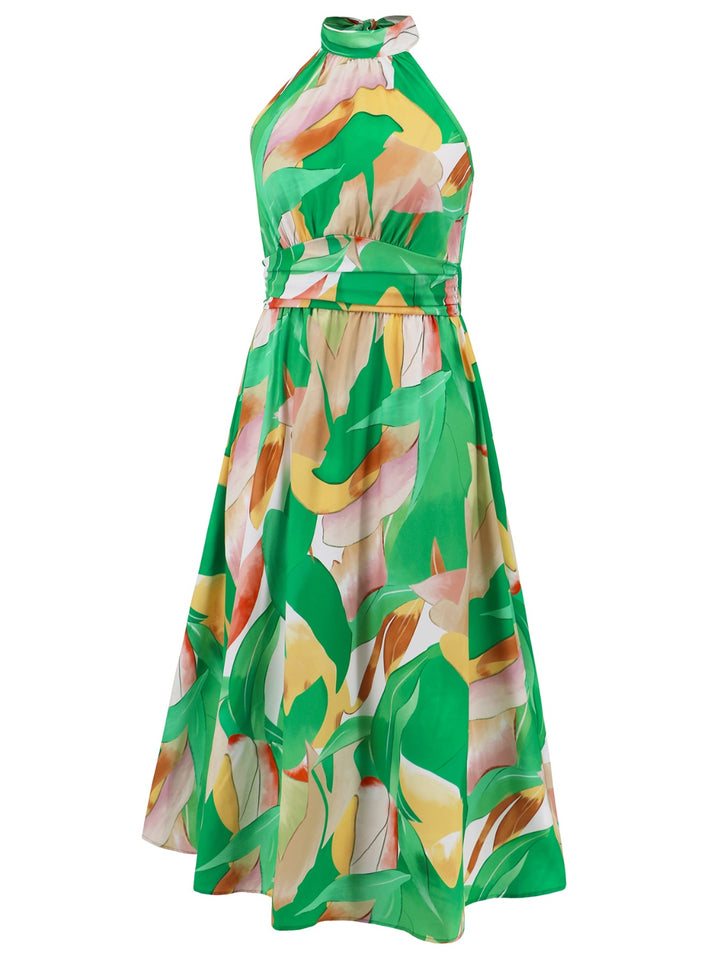 Ruched Printed Halter Neck Sleeveless Dress | Trendsi