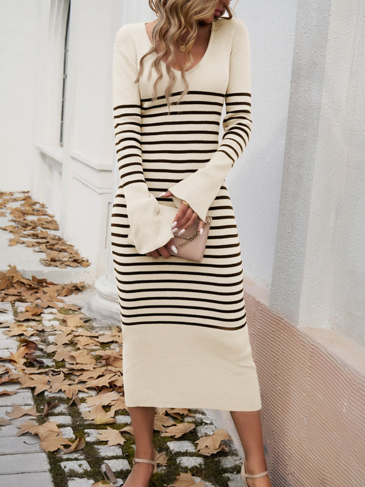 Striped V-Neck Long Sleeve Sweater Dress | Trendsi