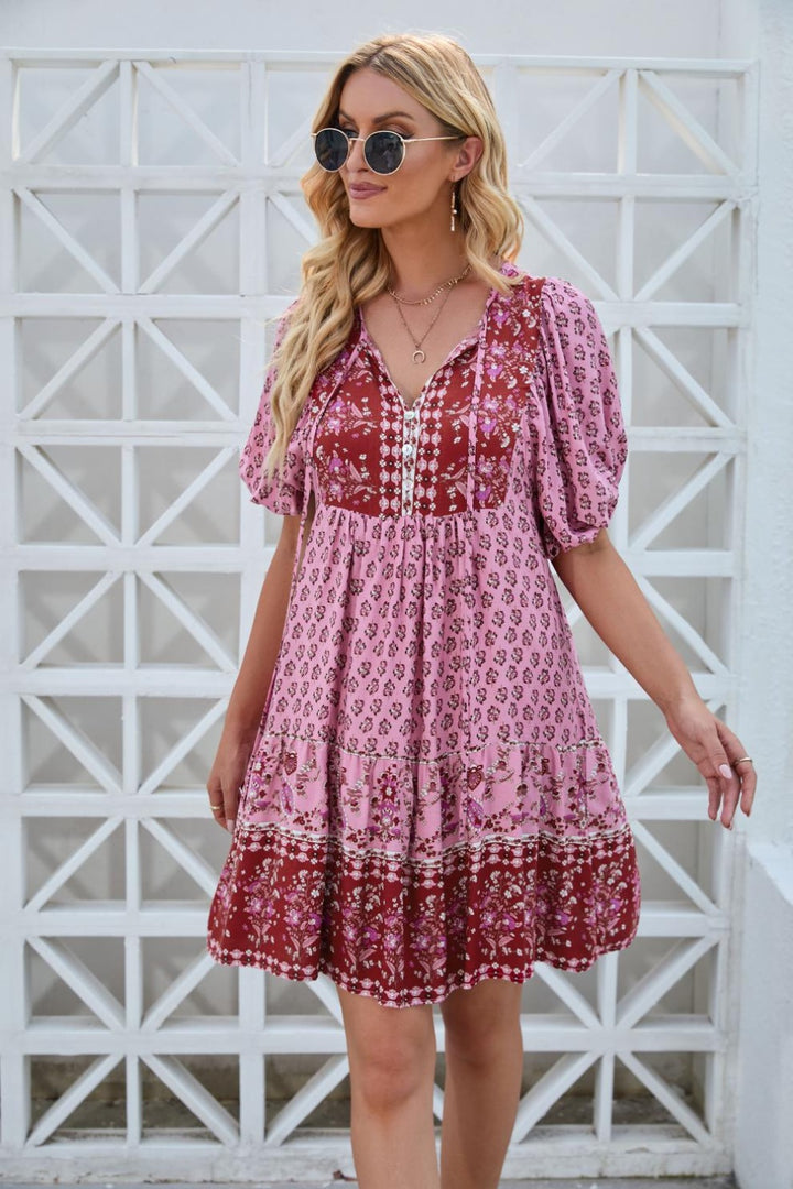 Printed Tie Neck Half Sleeve Dress | Trendsi