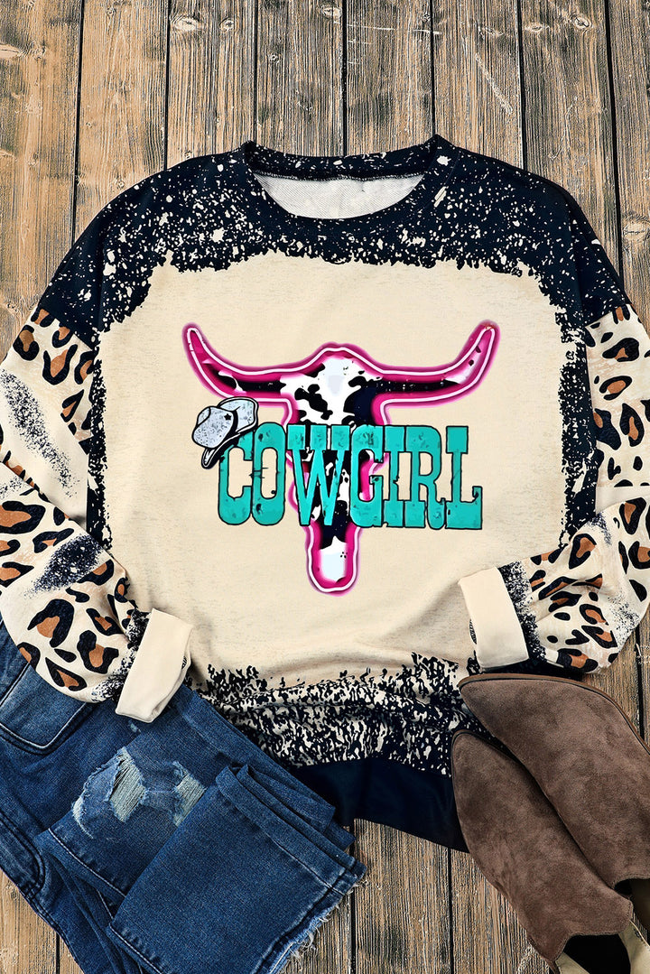 COWGIRL Leopard Round Neck Sweatshirt | Trendsi