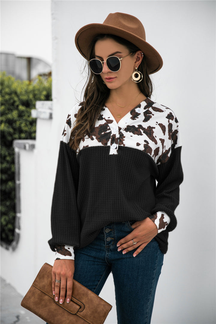 Animal Print Color Block Waffle-Knit Top | Trendsi