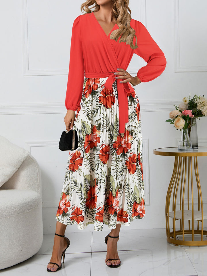 Pleated Printed Surplice Long Sleeve Dress | Trendsi