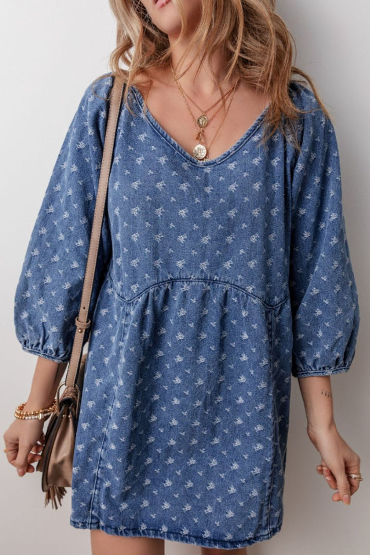 Tied V-Neck Three-Quarter Sleeve Denim Dress | Trendsi