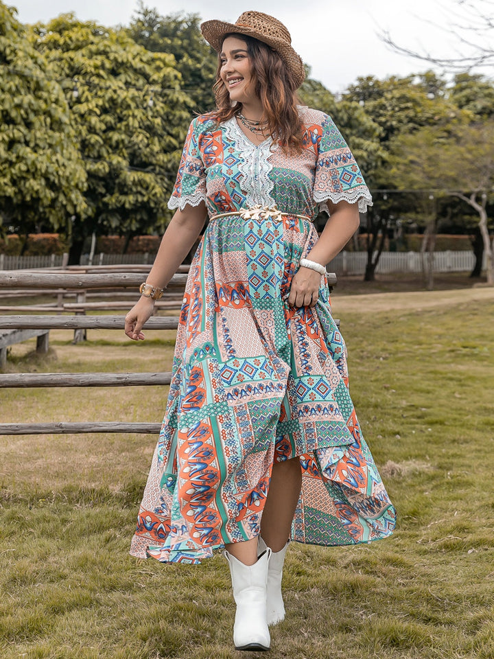 Plus Size Lace Detail Printed Half Sleeve Midi Dress | Trendsi